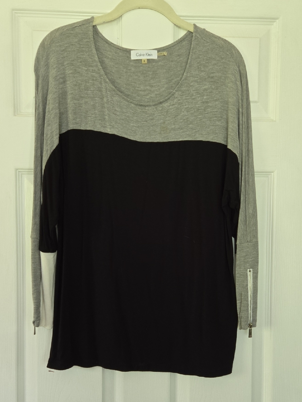 Calvin Klein Gray, Black and White Colorblock Long Sleeve Top